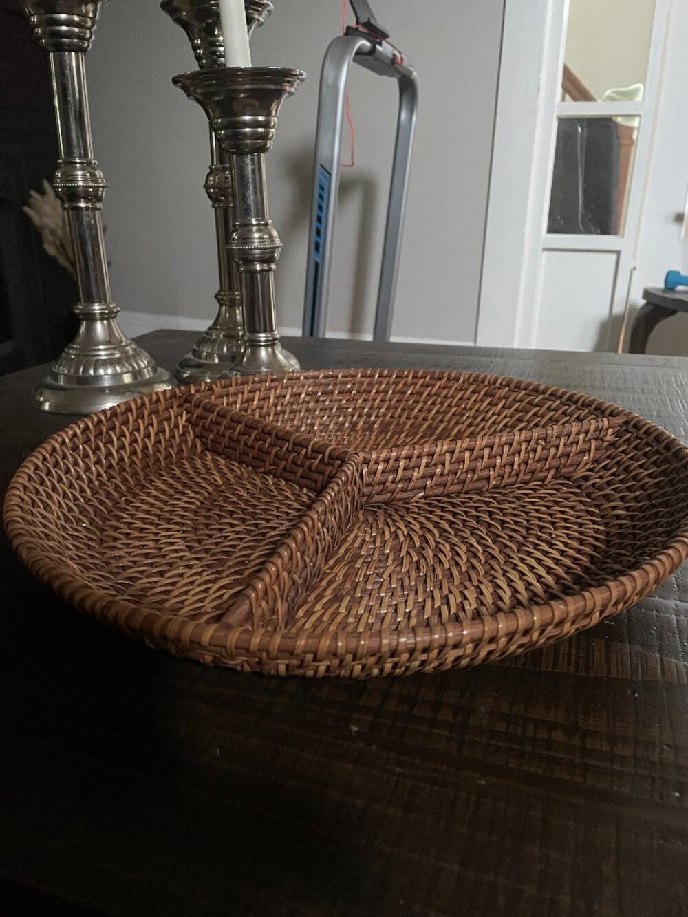 Large Woven Rattan Divided Serving Tray 13" Wicker Basket Platter Boho Decor